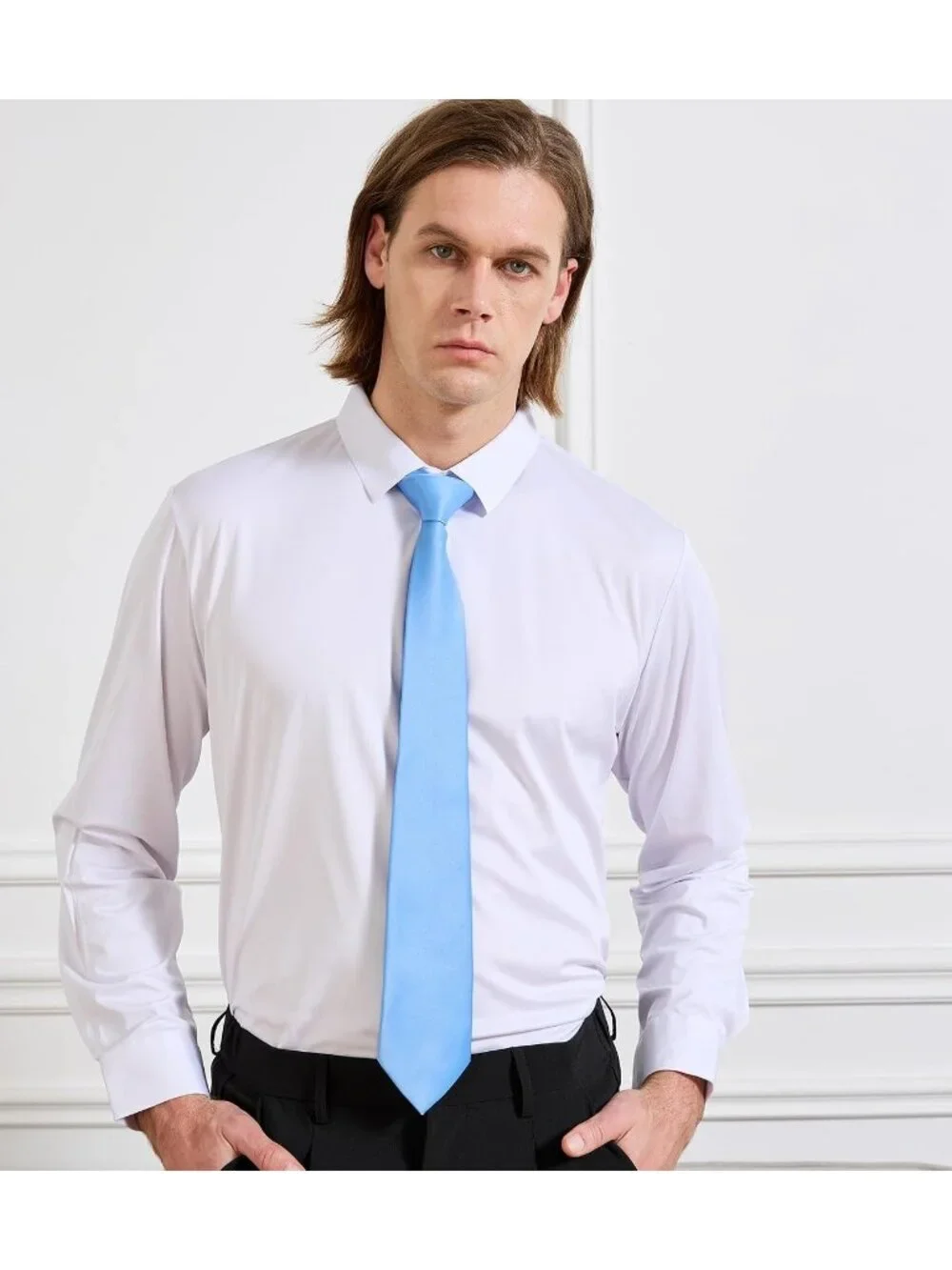 Men's Light Blue Solid Microfiber Plain Formal Silk Necktie For Business Dress